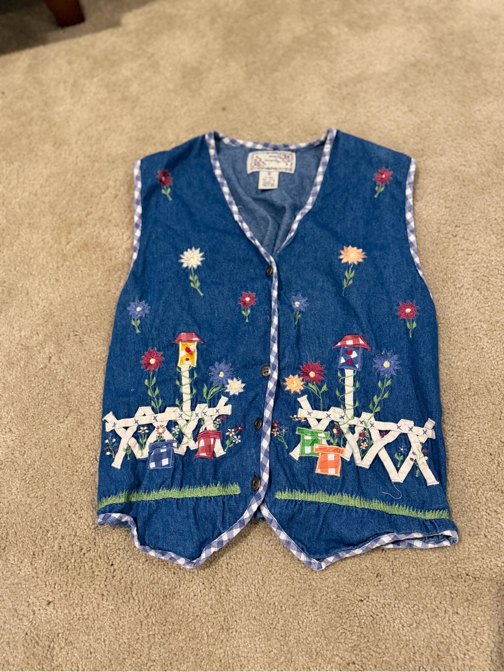 Vintage New Direction Denim Garden Vest M Cottagecore Applique